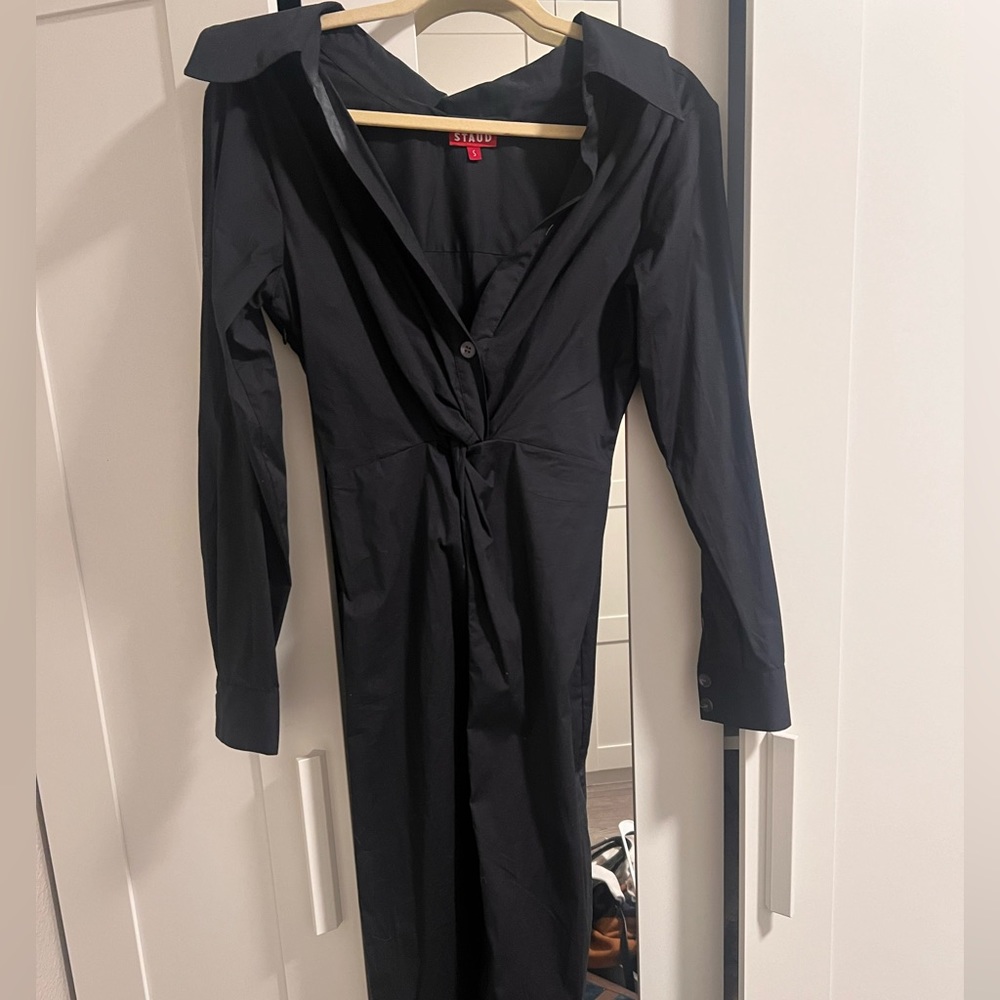 Staud Navy Cotton Poplin Midi Button Up Dress
